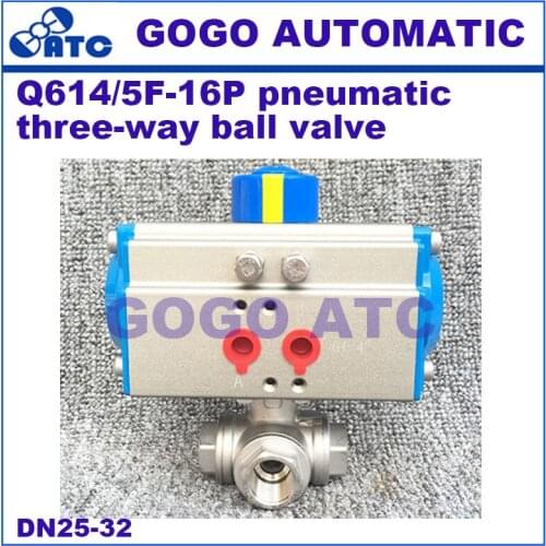 Q614/5F-16P Pneumatic three-way ball valve DN 25 32mm Pneumatic wire mouth Three-way valve thread 304 stainless steel L / T type