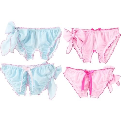 Chiffon Briefs Women Lingerie Underwear Breathable Seamless See-Through Crotchless Low Waist Ruffled Panties Bowknot Underpants