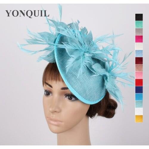 Beautiful Flower Cap On Top Imitation Linen Women Party Turquoise Fascinator Hats Derby Wedding Church Races Feather Pillobx Hat