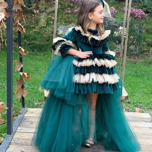 Layers Ball Gown Kids Party Dresses Tiered Velvet Tulle Girl Princess Dress Long Sleeves High Low Girl Wedding Party Dress 2021