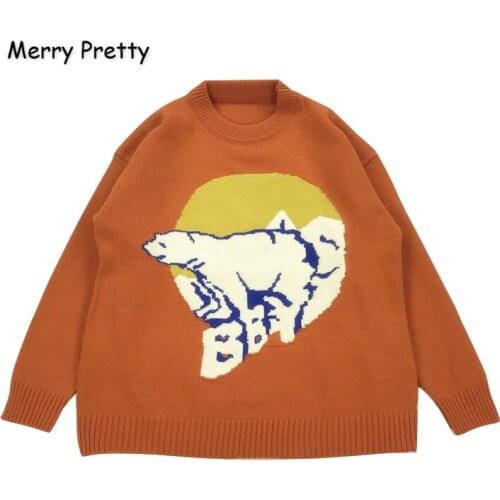 MERRY PRETTY Cartoon Polar Bear Embroidery Knitted Sweaters Winter Thick Warm Harajuku Jacquard Sweater Knit Pullover