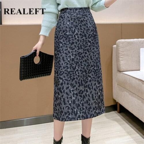 REALEFT Autumn Winter Leopard/Zebra Printed Woolen Womens A-Line Skirts 2021 New High Waist Back Split Midi Wrap Skirts Female