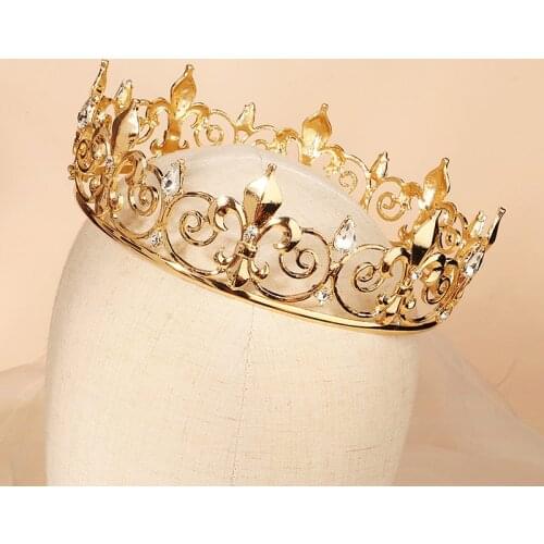 Vintage Royal Full Round Crown Baroque Alloy Rhinestone Tiaras Bridesmaid King Headband for Women Men VL