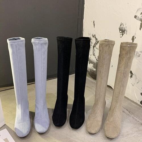 2020 Winter New Women Stretch Fabric Long Sock Boots Flock 5cm Block High Heels Knee High Boots Low Heels Thigh High Boots Shoes