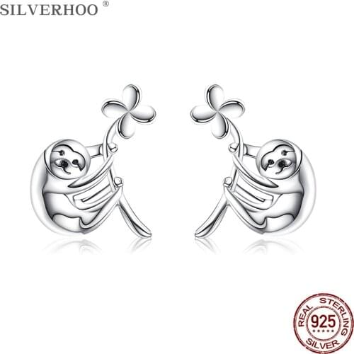 SILVERHOO S925 Sterling Silver Stud Earrings For Women Animal Sloth Stud Earrings Fine lady Jewelry Earrings 2021 Trend New