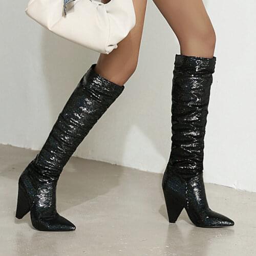 Ladies Winter Cone Heel Knee Boots Fashion Fold Loose Womens Shoes Ladies Pointed Toe Sequin Boots Black Gold Silver Blue