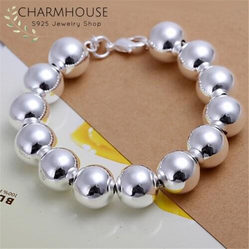 Bracelet for Women Silver 925 Genuine Wristband 14mm Big Beads Ball Chain Bracelets & Bangles Pulseira Femme Accessories Gifts