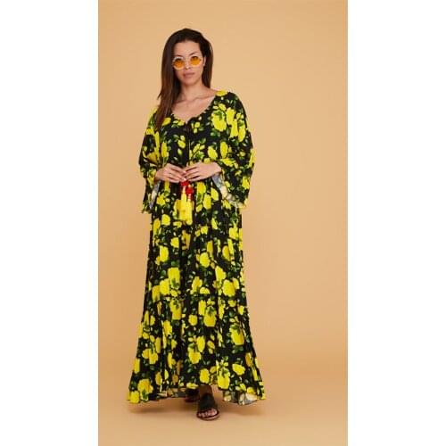 Black Long Boho Dress Tassels Yellow Rose Pattern For Women 2021 New Fashion Authentic Clothing With Plus Size Options