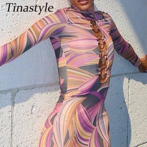 Tinastyle Printted Hollow Out Sexy Bodycon Dress Women High Neck Long Sleeve Skinny Party Dresses Nightclub Fashion Streetwear