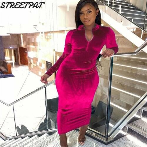 Autumn Winter Velvet Sexy Dress Vintage Zipper V-Neck Solid Dresses For Women Party Elegant Bodycon Vestidos Femme Robe Hiver