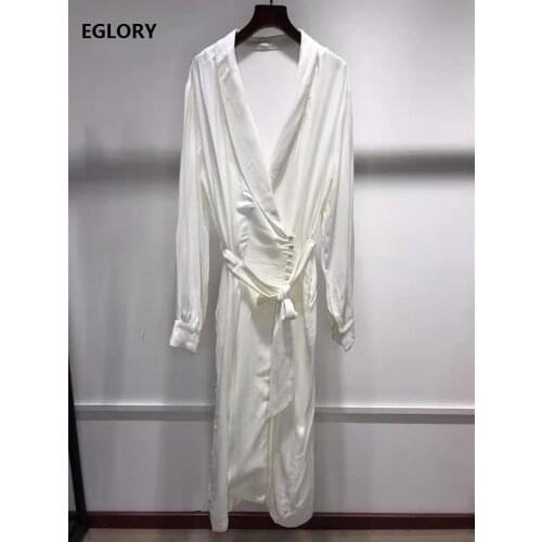 Luxury White Dress 2021 Spring Celebrity Style Women Sexy Deep V-Neck Adjustable Belt Long Sleeve Mid-Calf Casual Dress Runway