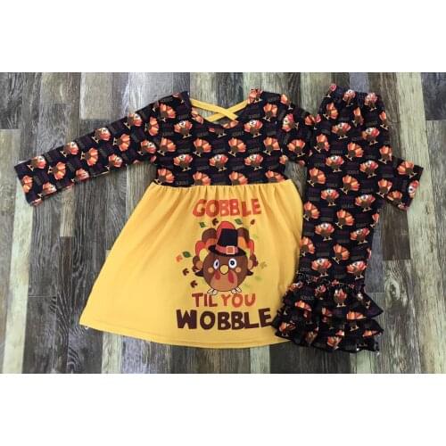 Little girl Thanksgiving Turkey print cross-sleeved dress with multi-layer ruffled lace pantsuit