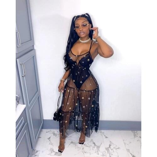 2021 Best Quality Fashion Design Mesh Dress Solid Embroidery Spaghetti Strap Summer Sexy Midi Dress Vestidos