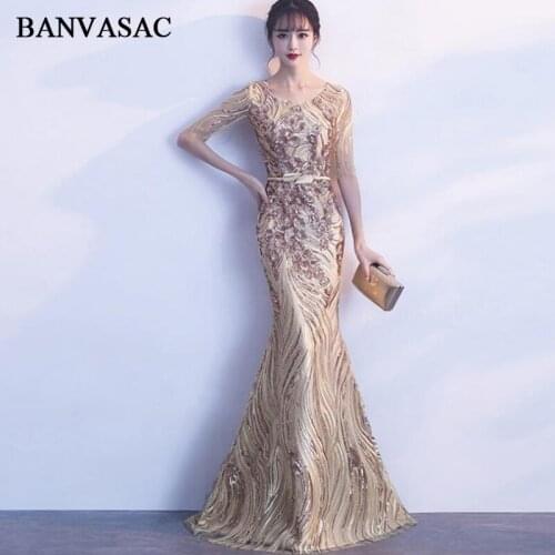 BANVASAC Sequined O Neck Mermaid Long Evening Dresses Lace Illusion Half Sleeve Metal Leaf Sash Party Prom Gowns