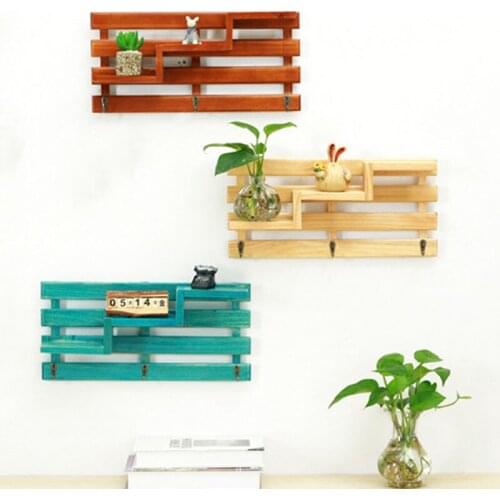 1pc Creative Stair Style Wooden Shelf Wall Mount Storage Rack 3Hooks Wall Upper Shelf Decoration Storage