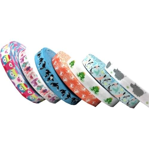 10Y 15mm Dolphin Llama Crab Print Fold Over Elastic Ribbon For Sewing Hair Tie Strap Backpack Decoration Accessories