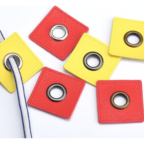 30pcs/lot 37mm square YELLOW/RED PU leather sew on Badges patch labels + inner 10mm metal brass eyelets grommets free ship