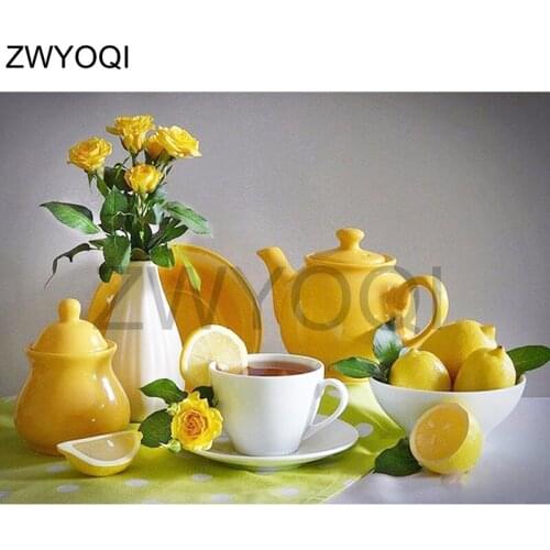 5D DIY Diamond painting Cross stitch lemon Full Square Diamond mosaic lemon teapot cup vase Full Round Diamond embroidery lemon