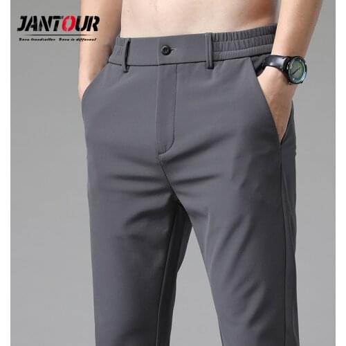 Summer Mens Casual Pants New Classic Slim Fit Small Straight Elastic Black Gray Blue Business Solid Color Brand Trousers 28-38