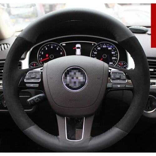 Steering Wheel Cover For Volkswagen Touareg Car Special Hand-stitched Black Suede Black Leather Covers