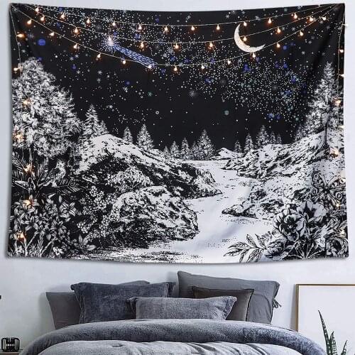 Black Star Moon Tapestry Wall Hanging Boho Style Living Room Bedroom Background Wall Hanging Cloth Decoration Beach Towel