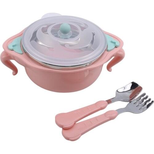 Childrens Tableware Stainless Steel anti-drop Bowl Sucker Bowl Food Supplement Bowl Spoon Pink Green 4 Piece Set