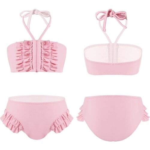 Kids Girls Swimsuit Outfit Haler Neck Shoulder Straps Ruffle Front Bra Top with Ruffel Bikini Bottoms Beachwear Bathing Suit Set