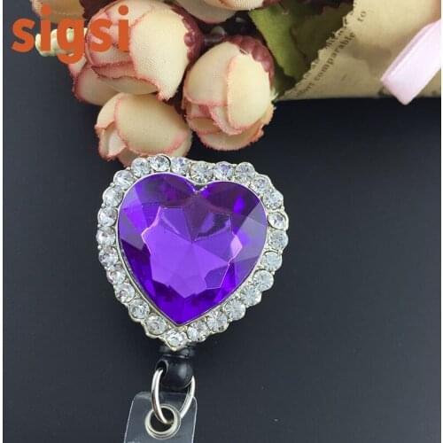 Purple Acrylic Heart Rhinestone Retractable Badge Reel / ID Badge Holder / Brooch / Pendant