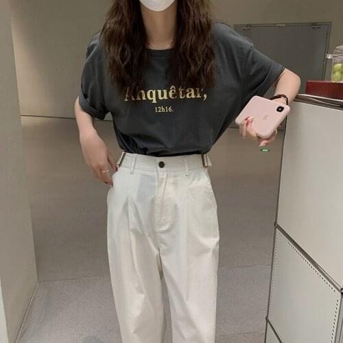 Oversized t-shirt Letter print round neck short sleeve T-shirt womens 2021 summer Korean loose and simple casual woman tshirts