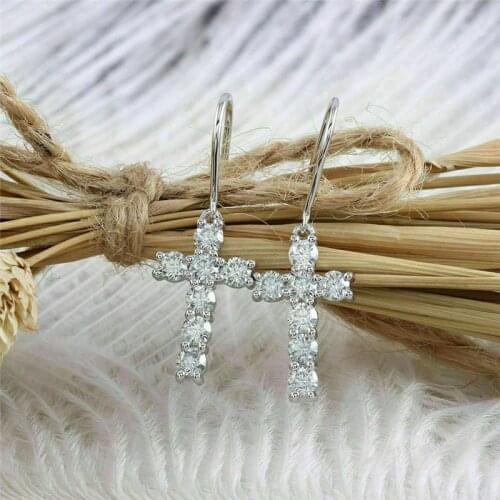 Huitan Simple Stylish White Cubic Zirconia Cross Earrings for Women Dazzling Dainty Dangle Earrings Versatile Statement Jewelry