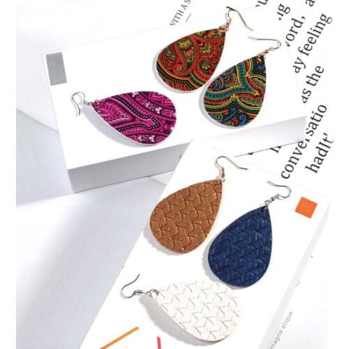 Handmade Leather Earrings Leaf Teardrop Dangle Earring Jewellery Women Print Dangle Drop Teardrop Leather Earring Boho
