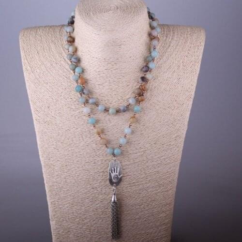 MOODPC Fashion Bohemian Tribal Artisan Jewelry Amazonite Stones Palm Link Chain Tassel Necklace