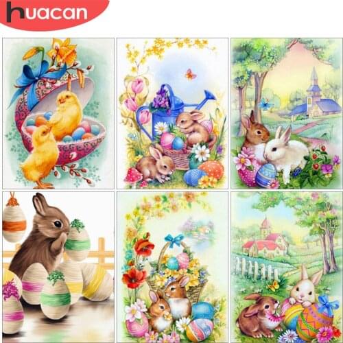 HUACAN Full Square/Round Diamond Painting Rabbit Kits Egg Mosaic Embroidery Easter Wall Art Home Decor Gift