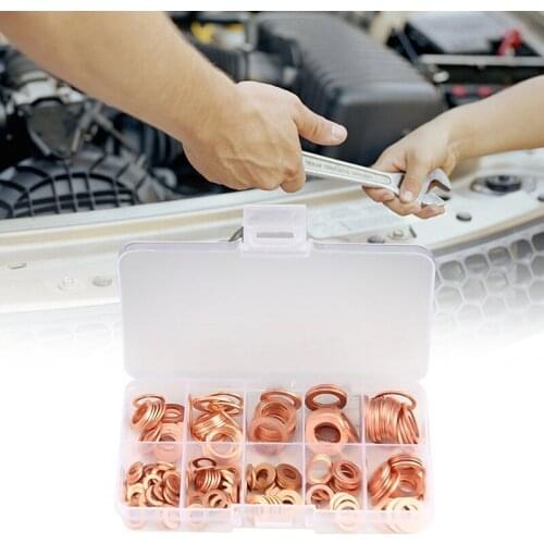 200Pcs Copper Washer Gasket Nut and Bolt Set Flat Ring Seal Assortment Kit With Box M5/M6/M8/M10/M12/M14 For Sump Plugs Water