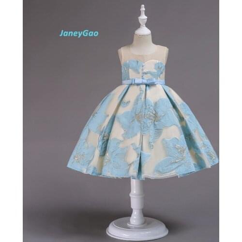 JaneyGao Flower Girl Dresses For Wedding Party Fresh Blue Pink Yellow Girl Princess Dress Embroidery With Button Bow New Style