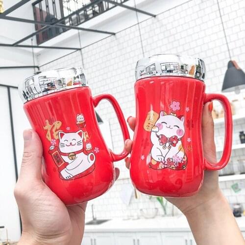 Festive Red Lucky Cat Mirror Ceramic Mug Creative Leak-proof Sealed Lid With Handle Coffee Cups Cute Cartoon Cat Mug