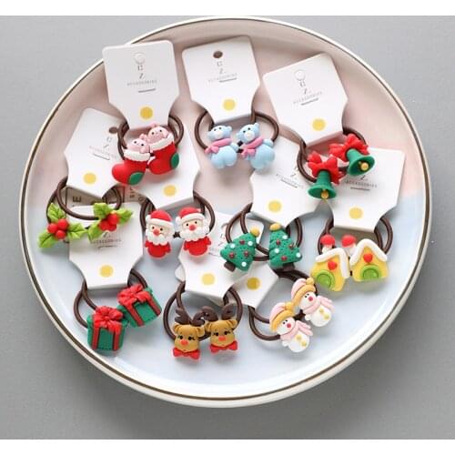 2pcs New Cute Christmas Elk Elastic Hair Bands Rubber Hair Rope Tie Cartoon Girls Hair Scrunchie Ponytail Holder Gum Accessories