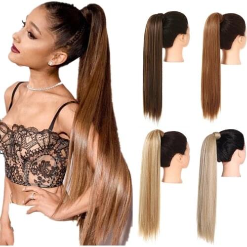 Straight Ponytail Hair Extension Clip in Fake Wig Hairpiece Synthetic Blonde Wrap Around Pigtail Long Smooth Overhead Pony Tail