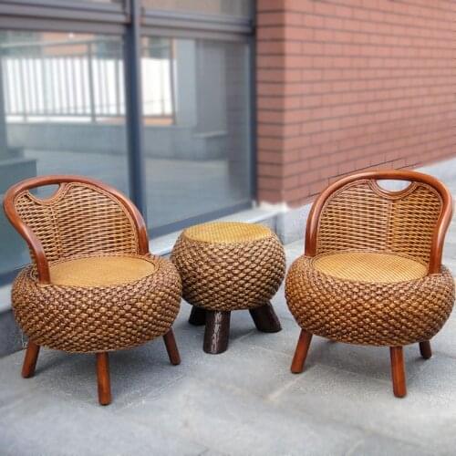Rattan woven small chair single household rattan chair low round wood shoe-changing stool tatami mat balcony back chair