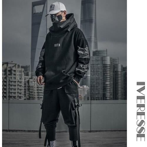 Letter Japan Style Hoodies Sweatshirts Men Harajuku Hip Hop Streetwear Pullover Casual Techwear Fluff Hoddies Male Hooded Top