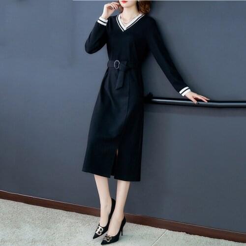 Spring Vestidos Womens 2020 T-emperament V-neck Was Thin Lace-up Casual Long-sleeved Dress Women Mid-length A-line Dress Q59