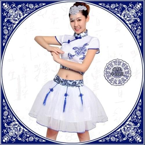 Women blue and white porcelain costume cheongsam folk style classical dance drum wear national dance stage performance clothes