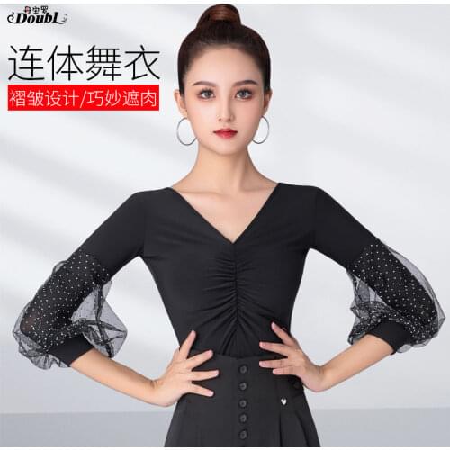 DOUBL Latin Dance V-neck One-piece National Standard Dance Top Black Ladies Puff Sleeve New Slim Dance Dress