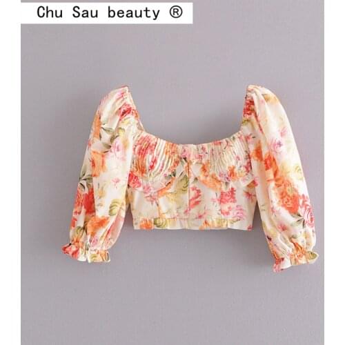 Chu Sau beauty Women Summer Shirt Top Casual Holiday Square Collar Puff Sleeve Floral Short Cropped Navel Crop Tops Womam Blouse