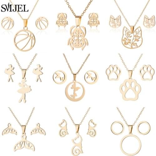 SMJEL Gold Stainless Steel Jewelry Sets Trendy Insect Paw Footprint Ballet Earrings Necklaces for Women Kids Accessories Wholesa