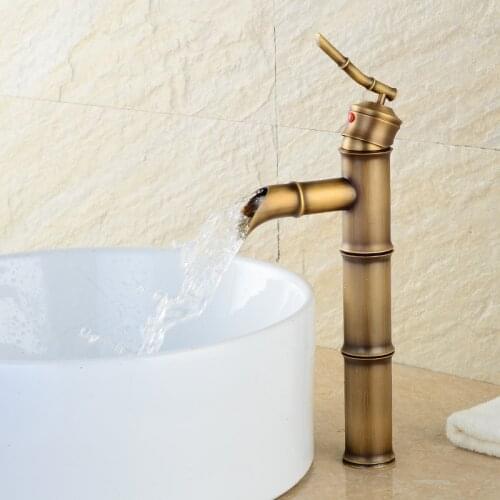 Antique Brass Bamboo Bathroom Deck Mounted Basin Faucet Single Hole Water Tap Hot and Cold Basin Mixer Faucet