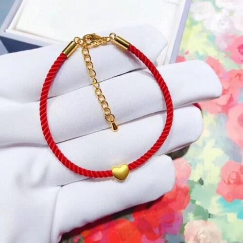 Real 24K Yellow Gold Bracelet LOVE HEART with Red Cord Lucky Bracelet For Women