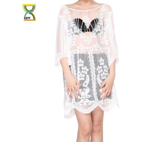 CGYY 2021 Crochet White Knitted Beach Cover Up Dress Tunic Long Summer Pareos Bikinis Swimwear Sexy Lace Beachwear