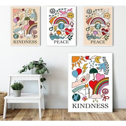 Nursery Cartoon Peace Kindness Art Quotes Wall Pictures Rainbow Posters and Prints Inspiration Canvas Painting Homeschool Decor