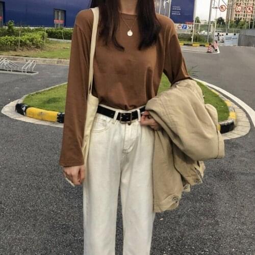 Spring Autumn Long Sleeve T-shirts Women Korean Casual O Neck Solid Color Loose Tshirt Female All Match White Black Bottom Tops